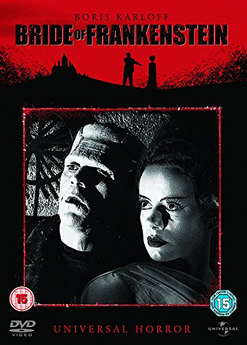 "Bride of Frankenstein DVD cover featuring black and white images of the monster and bride."