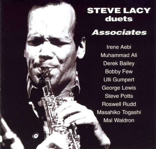 Black and white CD cover featuring a man playing a saxophone, with white text.