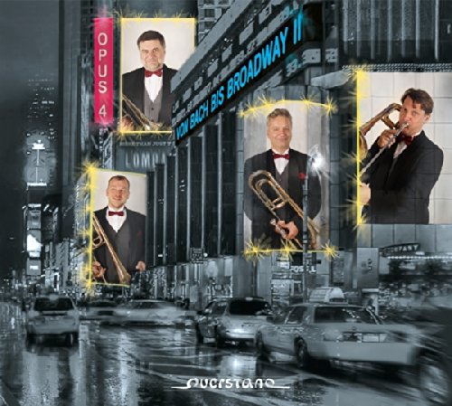 "CD cover featuring four men in suits holding trombones against a cityscape background."