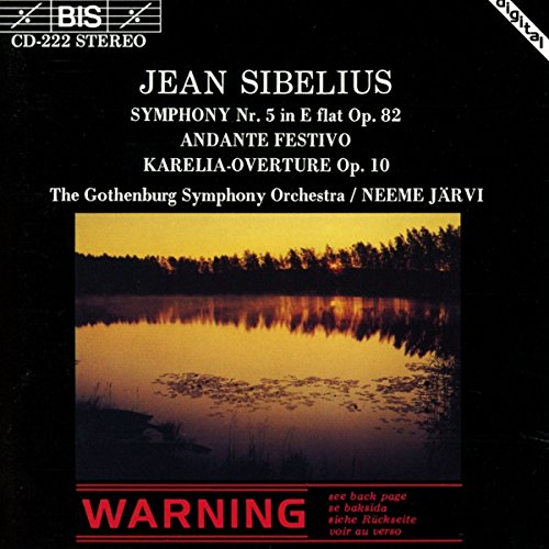 CD cover with lake at dusk and warning label, featuring Jean Sibelius' orchestral works.