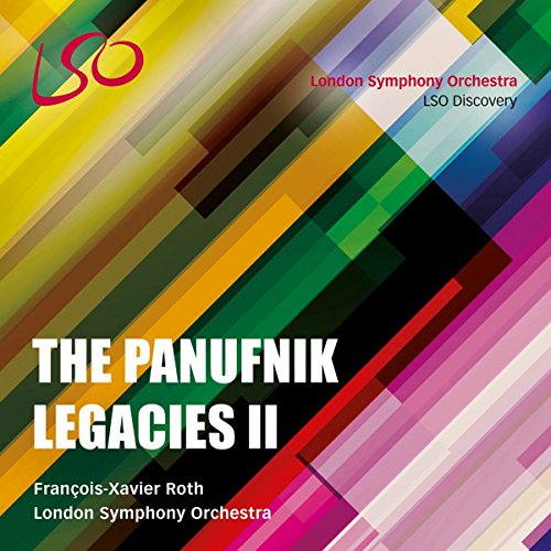 "CD cover with multicolored diagonal stripes and white text 'The Panufnik Legacies II'."