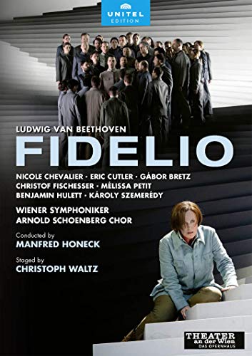 DVD cover for Beethoven's "Fidelio" featuring a woman sitting on stairs with a crowd above.