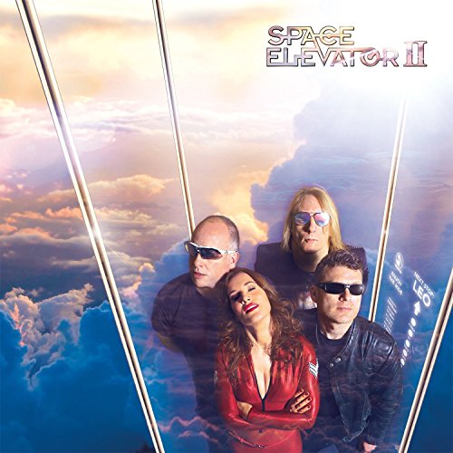 "Album cover with four people wearing sunglasses against a cloudy sky background."
