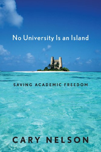 Book cover with island and castle in turquoise water, titled "No University Is an Island".