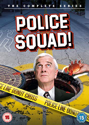DVD cover for "Police Squad!" showing a man in a manhole with crime scene tape.