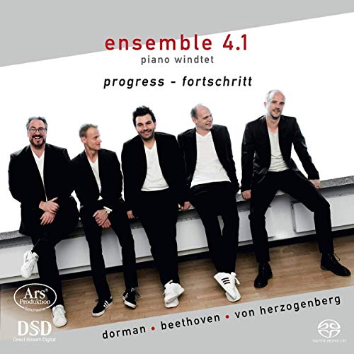 CD cover featuring five men in black suits sitting on a white ledge.