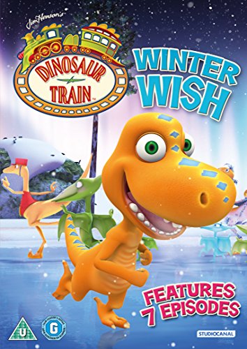 "Dinosaur Train Winter Wish DVD cover featuring a cartoon dinosaur and ice skater."