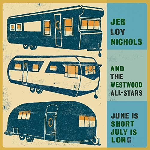 "Album cover featuring three vintage caravan illustrations and artist/band names in green text."