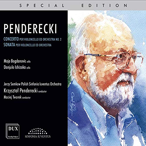 "CD cover with a watercolor portrait of Krzysztof Penderecki on a black background."