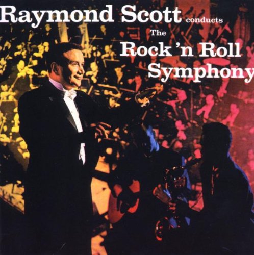 "Album cover featuring Raymond Scott conducting an orchestra with musicians in the background."