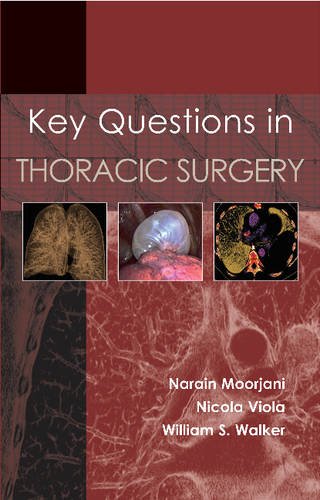 The image is a book cover for "Key Questions in Thoracic Surgery". The alt text is: Book cover with medical images and red background.