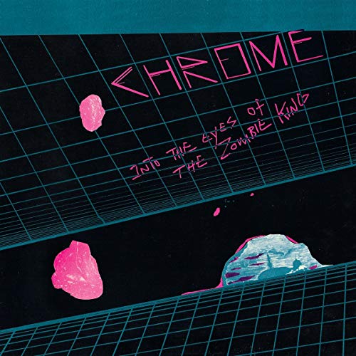 Album cover with pink text on black grid background, featuring abstract pink shapes.