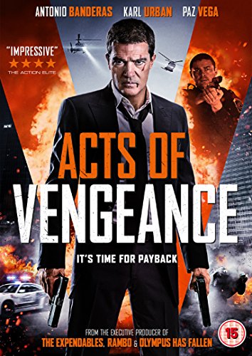 "Acts of Vengeance DVD cover featuring Antonio Banderas with explosions and action scenes."