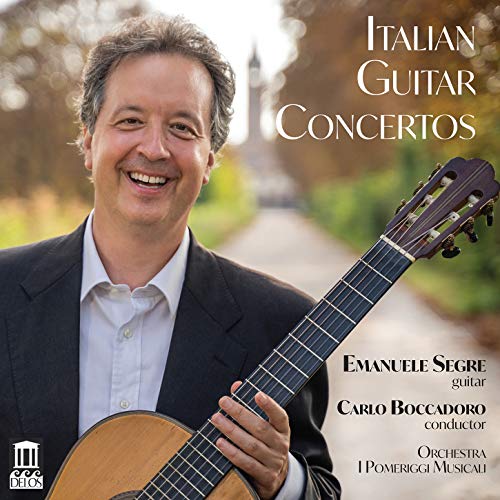 Man holding a guitar, smiling, with "Italian Guitar Concertos" text on the image.