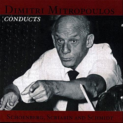 Album cover with black and white photo of Dimitri Mitropoulos conducting, red borders.