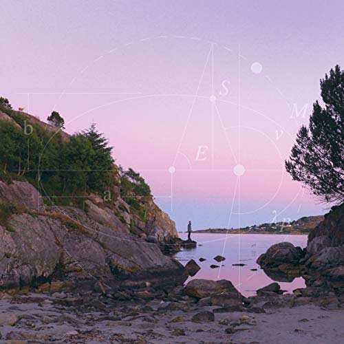 "Vinyl album cover with serene rocky beach scene and geometric overlay."