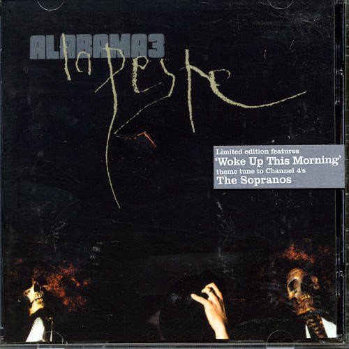 "Album cover with 'Alabama 3' and 'La Peste' text, featuring skeletons in a car."