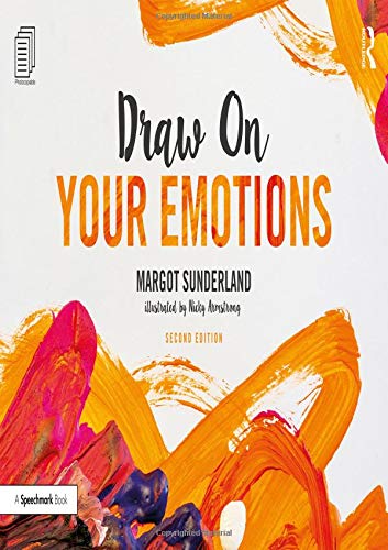 "Draw on Your Emotions" book cover with abstract orange, pink, and purple paint strokes.