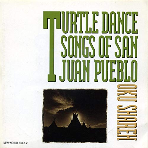 "Turtle Dance Songs of San Juan Pueblo" CD cover with teepees at dusk scene.