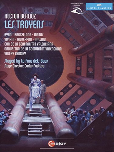 DVD cover for "Les Troyens" with a man on a horse, surrounded by people.