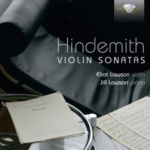 "CD cover with violin case, sheet music, and 'Hindemith Violin Sonatas' title."
