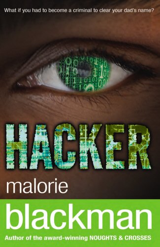 Book cover with dark background, spotlight on a girl holding a phone, titled "Hacker".