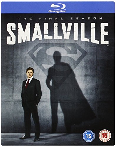 "Blu-ray case for 'Smallville' Season 10, featuring a man and Superman shadow."