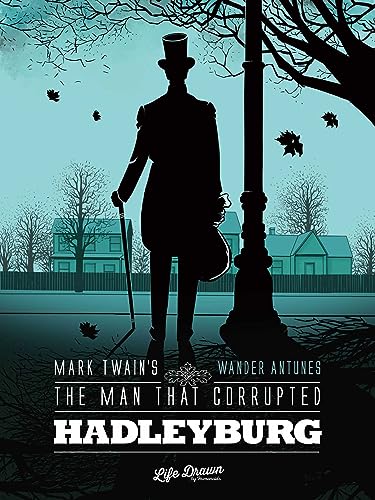 A silhouette of a man in a top hat stands by a lamppost at night.