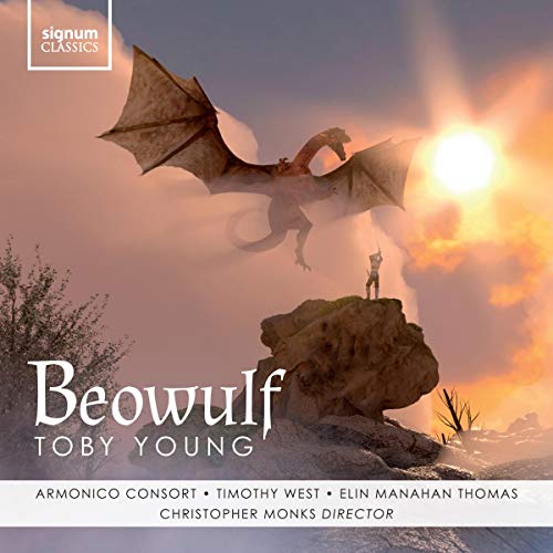 "CD cover featuring a warrior on a cliff with a dragon in the sky."