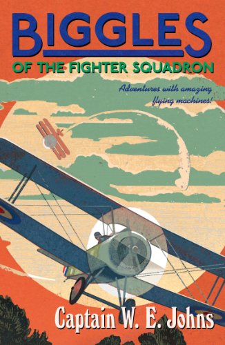 "Book cover featuring vintage airplane illustration with title 'Biggles of the Fighter Squadron'."