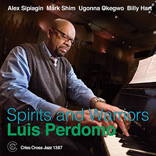 Luis Perdomo playing piano, with album title and artist name on the cover.