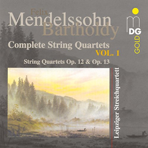 CD cover featuring a misty landscape painting with text overlay about Mendelssohn's string quartets.
