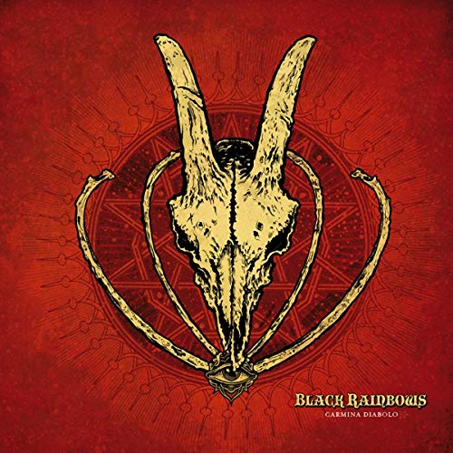 Red album cover with a goat skull and mandala design, titled "Black Rainbows".