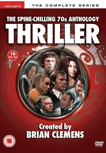 "Red DVD cover with 'Thriller' title, featuring a collage of actors' faces."