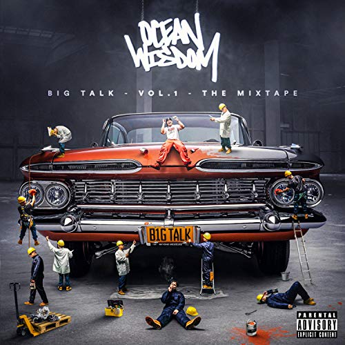 "Album cover art featuring miniature people around a classic car with 'BIG TALK' license plate."
