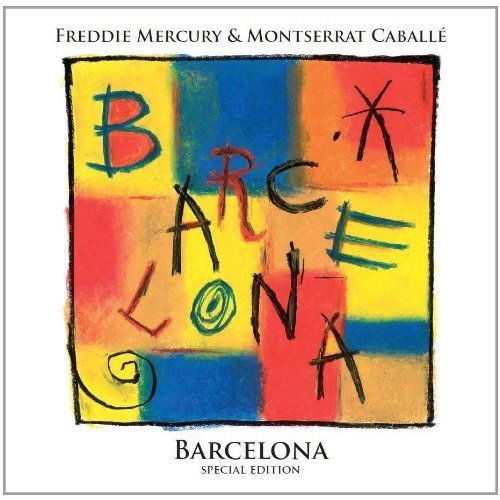 Album cover with abstract, multicolored design and "Barcelona" handwritten in center, on white background.