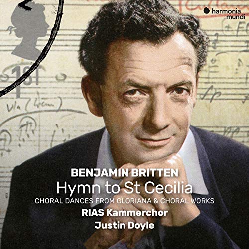 CD cover featuring Benjamin Britten with musical notes and text overlay.