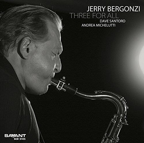 Black and white album cover with man playing saxophone, names and label in white text.