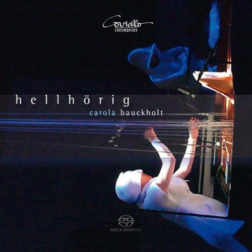 "CD cover with a person in white leaning over a piano."