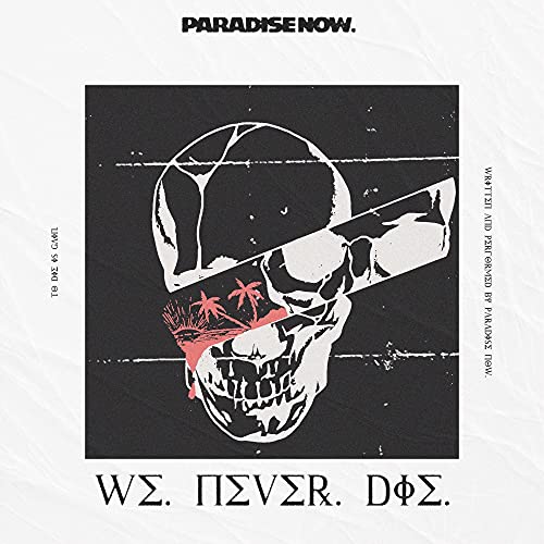 "Album cover featuring a white skull with red palm trees on a black background."