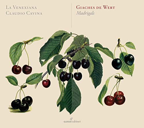 A cherry branch with green leaves and red and black cherries on a beige background.