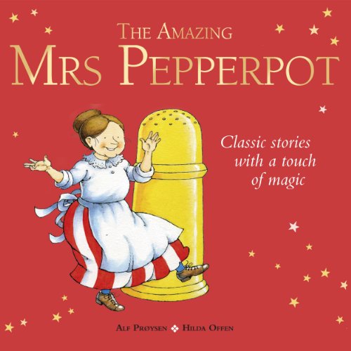 Red children's book cover with cartoon woman and large pepperpot, surrounded by stars.