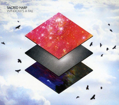 "CD cover with layered squares and birds against a cloudy sky."