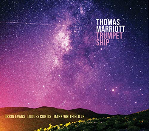 "Album cover with purple starry night sky, hills, and text listing artist and musicians."