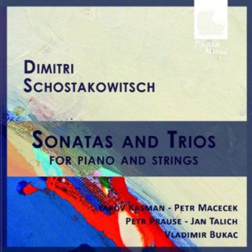 "CD cover with abstract design and text 'Dimitri Schostakowitsch Sonatas and Trios for Piano and Strings'."
