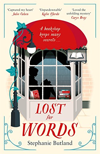 "Book cover of 'Lost for Words' featuring a red awning and bookshop window."