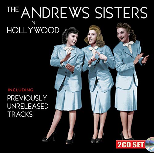 "CD cover featuring The Andrews Sisters in matching blue outfits against a black background."