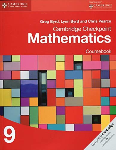 "Red textbook cover with multicolored mosaic pattern and white text reading 'Cambridge Checkpoint Mathematics'."