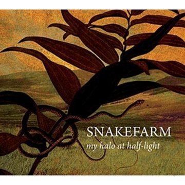 "Album cover with snake entwined around plant, grassy field, and orange sky."