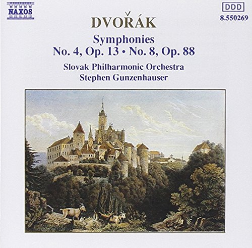 CD cover featuring a medieval castle painting, with text detailing Dvorak's symphonies.